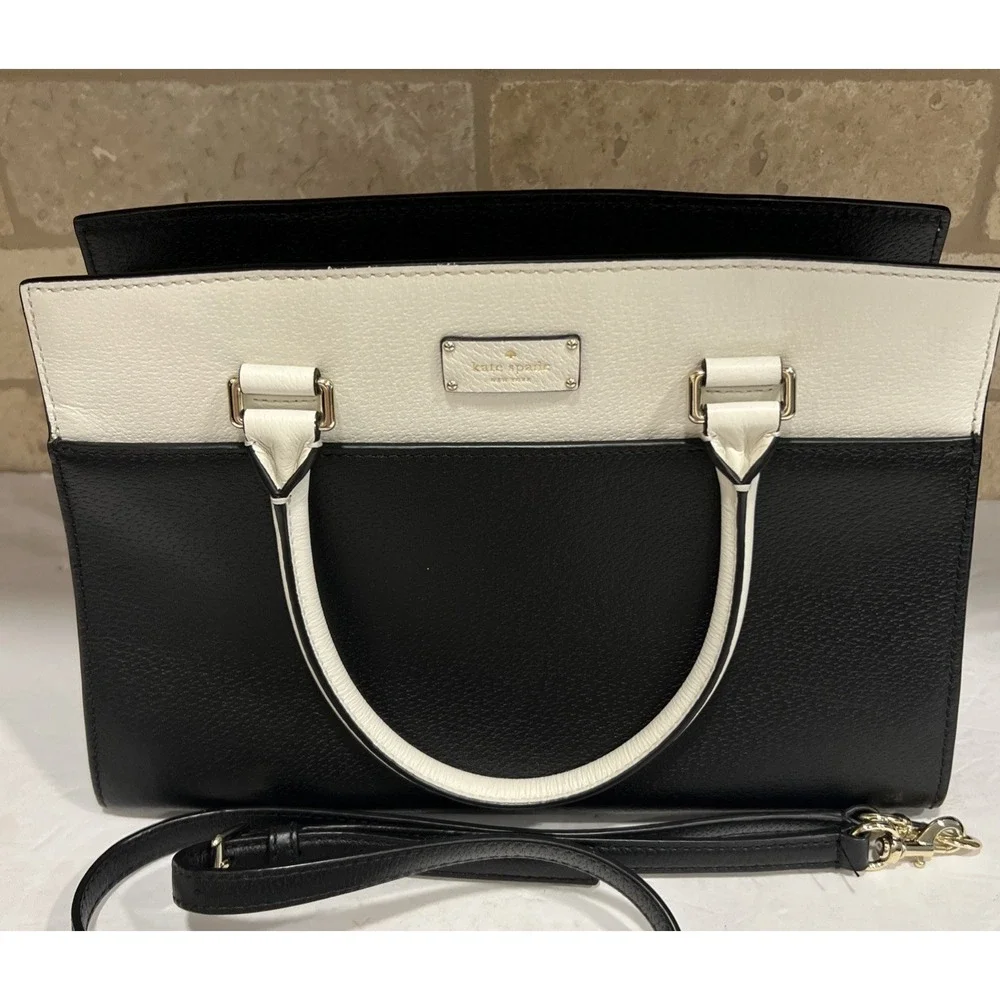 Kate Spade Caley Grove Street Pebble Leather Black White Satchel Crossbody Bag